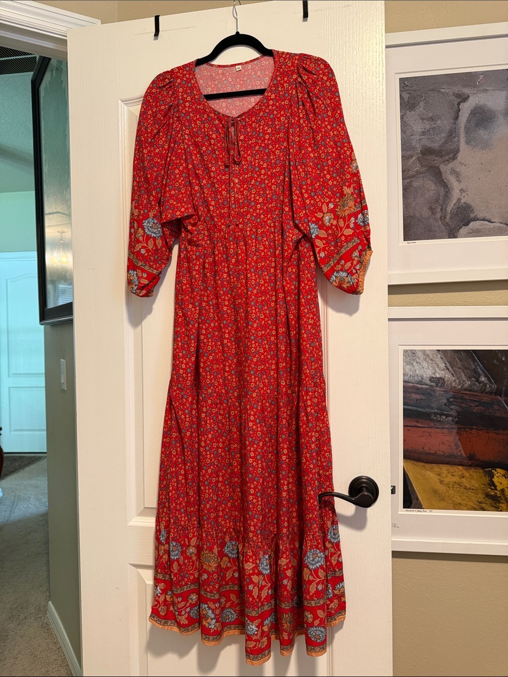 Amazon Red Floral Maxi Dress with Puff Sleeves and Tie Neckline